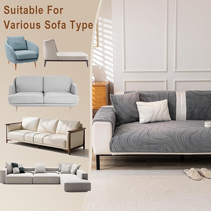 Couch Cover Sofa Covers Washable, Velvet Fleece Sofa Slipcovers for 3 Cushion Couch, Non-Slip Furniture Protector for Dog Pet, L Shaped Recliner Sectional Couch Cover Grey,36"X63"(Only 1 Pcs)