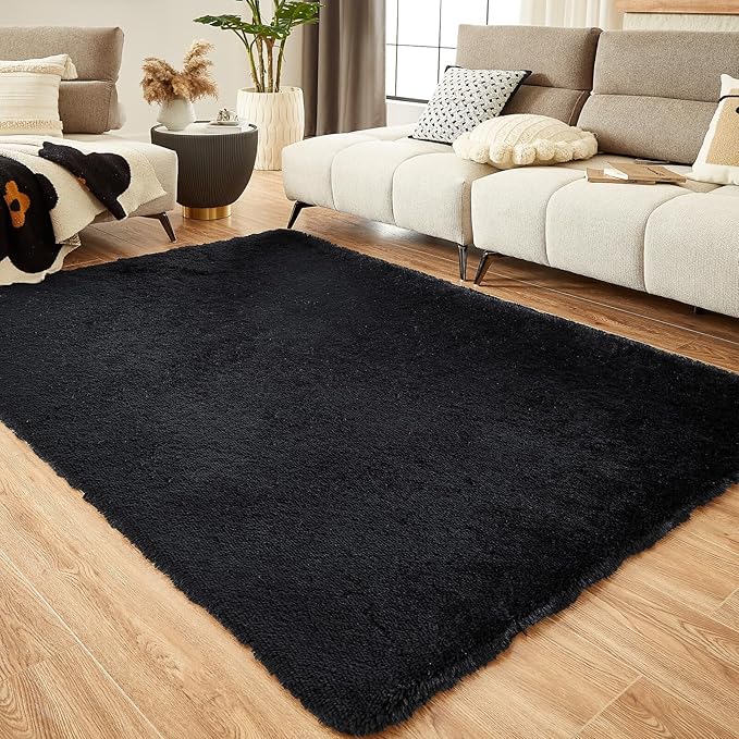 Floralux 6x9 Rugs for Living Room, Black Fluffy Area Rug for Bedroom, Non-Slip, Ultra Soft Plush Shag Carpet for Kids Boys Girls Room, Playroom, Home Decor Aesthetic