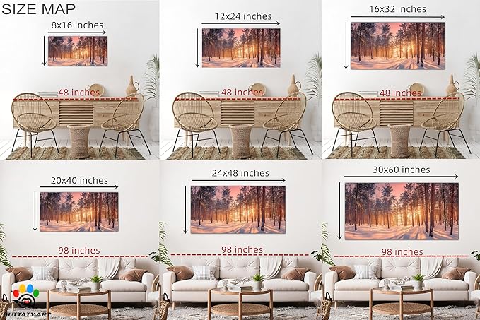 GUTTATY Christmas Winter Scene Canvas Wall Art, Snowy Forest Canvas Prints, Tranquil Sunrise Pine Forest Wall Hanging Artwork, Nature Landscape Poster for Living Room, Bedroom, 24x12 Inch