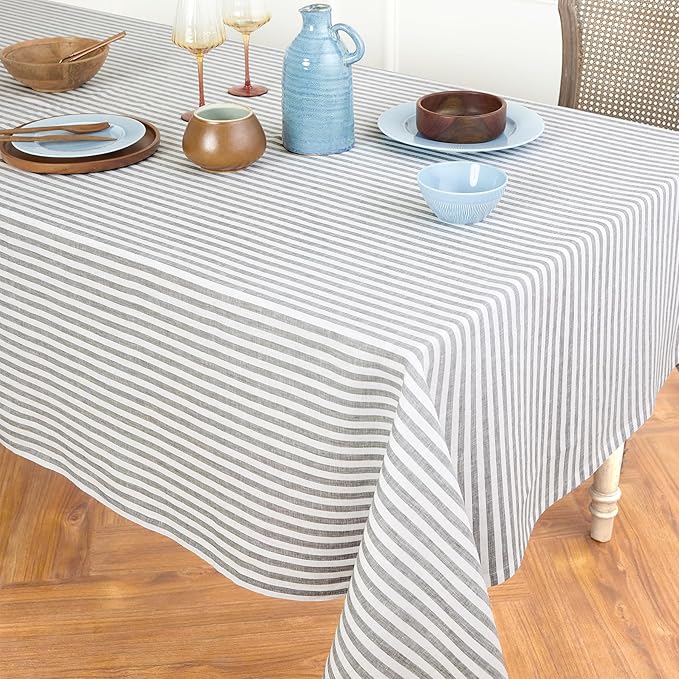 Solino Home Linen Tablecloth 60 x 108 Inch - Amalfi Stripe 100% Pure Linen Grey and White Table Cloth for Rectangle Tables - Machine Washable Fabric Tablecloth for Fall, Autumn