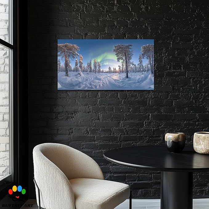 GUTTATY Christmas Winter Canvas Wall Art, Northern Lights Winter Scene Canvas Prints, Snowy Forest Landscape Poster Picture, Holiday Artwork for Living Room, Bedroom, Office, 24x12 Inch
