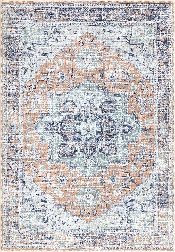 Bloom Rugs Washable Non-Slip 4' x 6' Rug - Peach/Blue Traditional Area Rug for Living Room, Bedroom, Dining Room, and Kitchen - Exact Size: 4' x 6'
