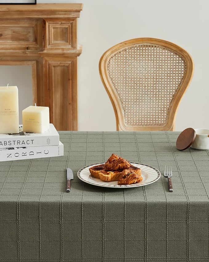 ZeeMart Linen Checked Table Cloth, Farmhouse Style Plaid Embroidered Green Tablecloth, Water Resistant Square Table Cloth, Olive 60x60 Inches
