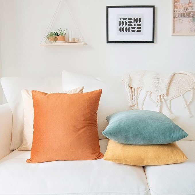 MONDAY MOOSE Decorative Throw Pillow Covers Cushion Cases, Set of 4 Soft Velvet Modern Designs, Mix and Match for Home Decor, Pillow Inserts Not Included (24x24 inch, Orange/Teal)