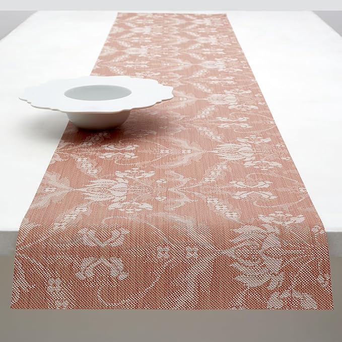 Martha by Martha Stewart | Chilewich Damask Table Runner in Burnt Coral - Easy Care Woven Textile - Indoor/Outdoor - Stain/Fade Resistant - 14" x 72"