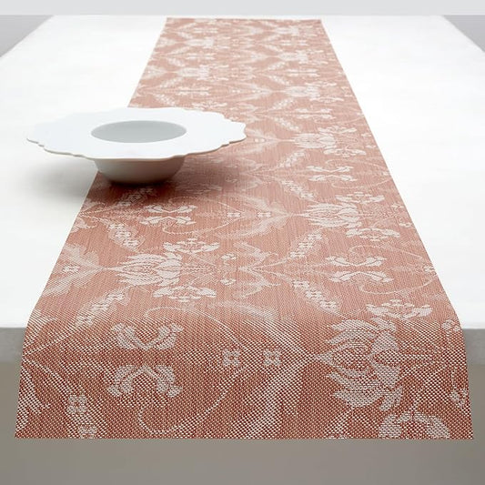 Martha by Martha Stewart | Chilewich Damask Table Runner in Burnt Coral - Easy Care Woven Textile - Indoor/Outdoor - Stain/Fade Resistant - 14" x 72"