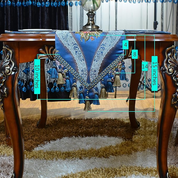 Extra Luxury Velvet Blue Table Runner 90 Inches Long with Vintage Damask Jacquard Design for Dining Room,Living Room,Home Decor,Elegant Beaded Tapestry (X-Blue, 13×90 inch)