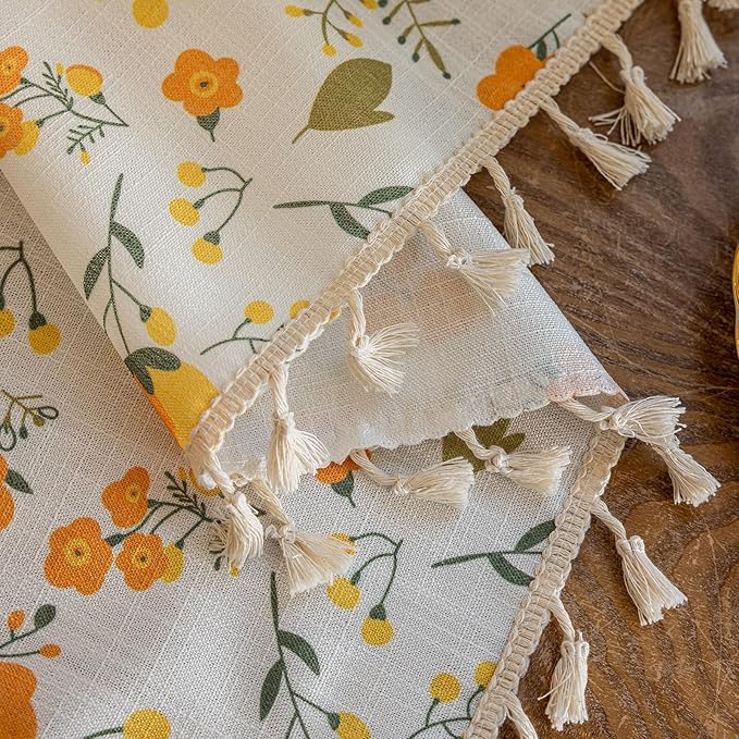 OYX Yellow Boho Pattern Floral Curtains 84 Inch Length 2 Panels for Living Room, Bedroom Light Filtering Drapes, Vintage Country French Tassels Patterned Rod Pocket Aesthetic Decor Window Treatments