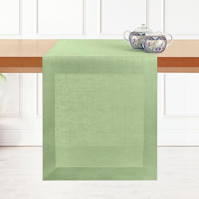 D'Moksha Homes Linen Table Runner 60 Inches - 100% Pure Linen Sage Green Table Runner 14 x 60 Inch for Coffee Tables, Dresser, Fall, Thanksgiving, Christmas, Holiday - Machine Washable
