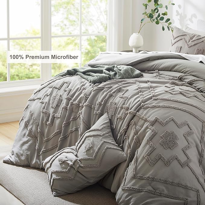 Oli Anderson Boho Tufted Comforter Set King Size, 3 Pcs Soft Jacquard Bedding Set for All Seasons, Shabby Chic Farmhouse Bedding Set with Comforters for All Seasons (Grey, King)