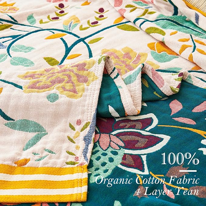 Boho Throw Blanket for Bed, 100% Organic Cotton Breathable Ultra Soft 50" x 60" Quilt Beige Throw - All Season Floral Farmhouse Decor Luxury Reversible Blanket for Sofa Couch Chair and Gift