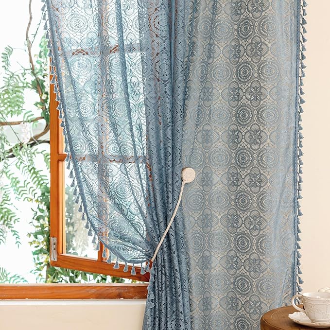 YJ YANJUN Blue Boho Curtains 2 Panles -72 Inches Long, Vintage Lace Window Panels with Tassels for Living Room Bedroom Sliding Door, Semi Sheer, Privacy, Ocean Coastal Décor W59 x L72 Dusty Blue