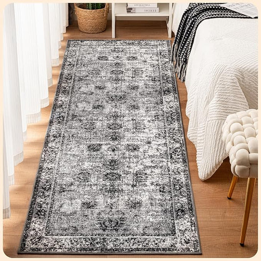 Istana Hallway Runner Rug 2.5x8 - Dark Grey Kitchen Rugs Non Slip Washable -Silk's Soft Touch Carpet Runner - Stylish Rugs for Home