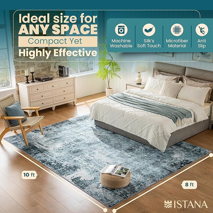 Istana 8x10 Area Rug - Blue 8x10 Rugs for Living Room - Foldable Rugs for Bedroom - Stain Resistant Washable Rug - Eco-Friendly Area Rugs - Easy to Clean Living Room Rug
