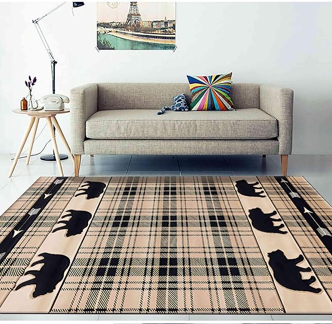 Brown Buffalo Plaid Area Rug, 4x5ft, Retro Rustic Style Wild Animal Black Bear Accent Rug, Lodge Native Cabin Hunting Rug, Easy-Cleaning Non-Slip Indoor Floor Mat for Bedroom Living Room