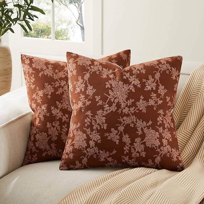 100% Cotton French Pastoral Throw Pillow Covers Set of 2, 16x16 Inch Background/Terracota Farmhouse Decorative Cushion Covers for Sofa Bed Living Room Home Decor