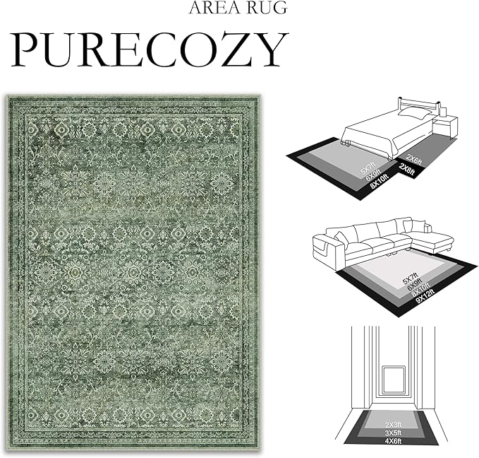 5x7 Vintage Area Rug Green Washable Living Room Large Non Slip Carpet Bedroom Indoor Office Low Pile Traditional Distressed Retro Floral Accent Rug for Dining Room Bathroom Kitchen