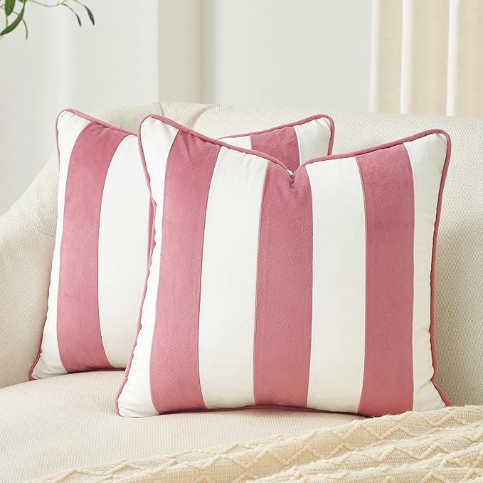 MONDAY MOOSE Decorative Throw Pillow Covers Cushion Cases, Set of 2 Soft Velvet Striped Piping Edge Designs, Pillow Inserts Not Included (Light Pink/White, 20x20 inch)