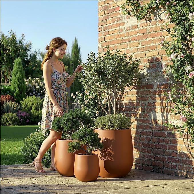DTY Signature Mount Wilson Modern Indoor Outdoor Fiberstone Tapered Planter, Lightweight, Weather Resistant Garden Pot with Drainage Hole & Rubber Plug, Planter for Christmas Decor –Terracotta, Medium