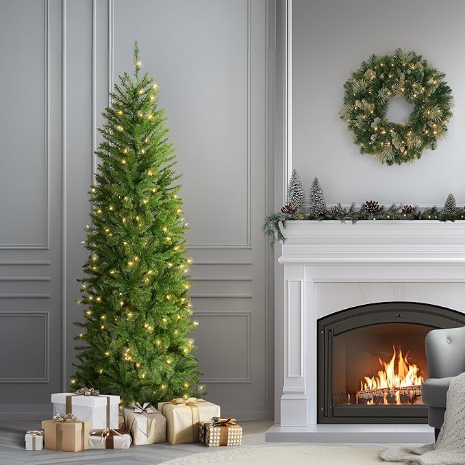 National Tree Company 6.5 ft Pre-Lit Kingswood Fir Slim Artificial Christmas Tree, 250 Clear Lights, 719 Tips, Includes Stand, Green