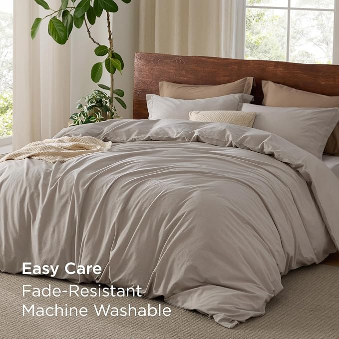 Bedsure 100% Washed Cotton Duvet Cover Oversized Queen - Natural Minimalist Cotton Duvet Cover Linen Like Breathable - GentleSoft™ Plain Simple Bedding (Natural,Oversized Queen, 98"x98")