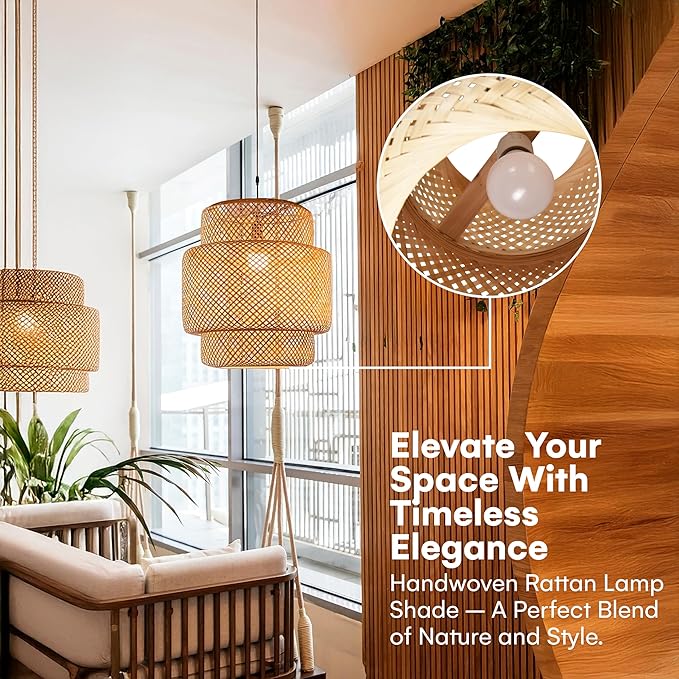 Hand Woven Rattan Lamp Shade - Bamboo Pendant Lights - Elegant Hanging Light Chandelier - Natural Boho Lighting Fixture - Dome Lamp Shade for Kitchen Island, Dining and Living Room - 14.96x15.71''
