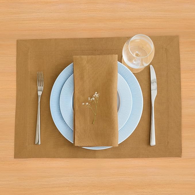 Solino Home Linen Napkins Set of 4-100% Pure Linen Caramel Dinner Napkins Cloth 20 x 20 Inch - Fete, Handcrafted and Machine Washable