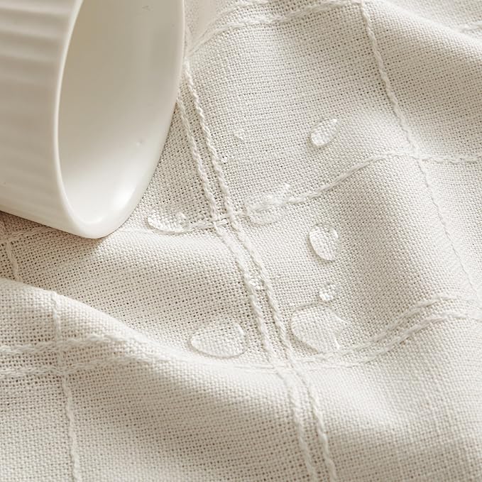 ZeeMart Linen Checked Table Cloth, Farmhouse Style Plaid Embroidered Neutral Tablecloth, Water Resistant Rectangle Table Cloth, Ivory 60x120 Inches
