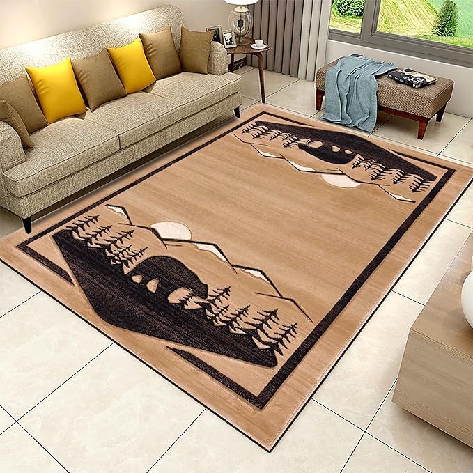Brown Rustic Cabin Area Rug, 3x5ft, Vintage Simple Wildlife Bear Plant Rugs, Country Style Lodge Large Floor Carpets Doormat Non Slip Washable Indoor Area Rugs for Bedroom Kids Room