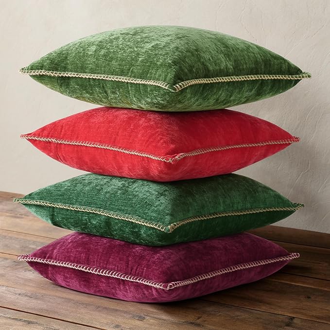 decorUhome Christmas Chenille Soft Throw Pillow Covers 16x16 Set of 2, Farmhouse Velvet Neutral Decorative Euro Pillow Covers with Stitched Edge for Couch Sofa Bed Home Decor, Christmas Red