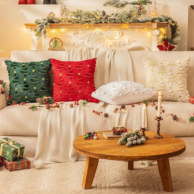 AQOTHES Christmas Tree Decorative Green Throw Pillow Covers 20x20 Set of 2, Faux Fur Farmhouse Throw Pillows Cushion Cases for Xmas Winter Holiday Home Decor