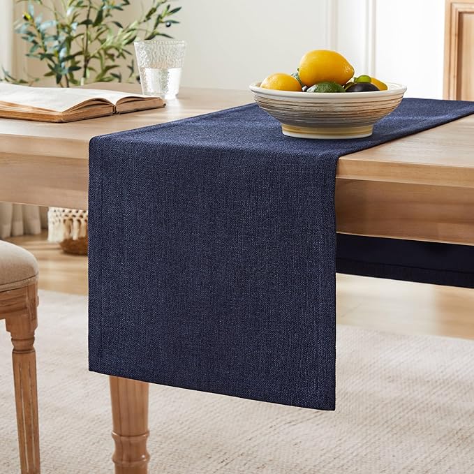 ZeeMart Burlap Style Farmhouse Table Runners 48 Inches Long, Navy Rustic Woven Dining Table Runner for Everyday Use, 14x48 Inches, Navy