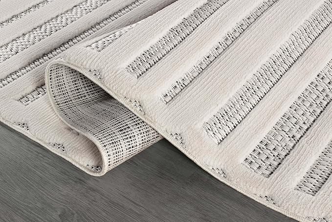 CAMILSON Modern Runner Rug 2x7 Luxury Striped Line Micro Loop Hallway Rugs Soft High-Low Pile Stain Resistant Easy to Clean Non-Shedding Durable Entryway Kitchen Indoor Area Carpet (White)