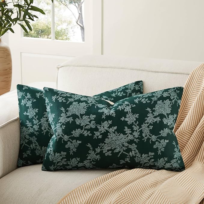 100% Cotton French Pastoral Throw Pillow Covers Set of 2, 12x20 Inch Background/Green Farmhouse Decorative Cushion Covers for Sofa Bed Living Room Home Decor