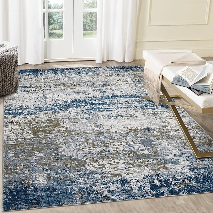 9x12 Modern Abstract Accent Rug Non Slip Stain Resistant Throw Rug Low Pile Washable Indoor Floor Cover for Living Room Bedroom Office Home Decor, Navy