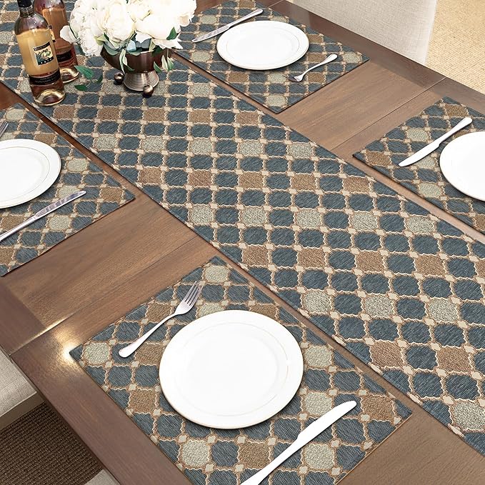 Loom and Mill Elegant Chenille Table Runner 90 inches Long, Chic Checkered Pattern Jacquard Table Runners with Tassels for Dining Room Dresser Party Banquet Decor (Blue-Grey+Khaki+Beige,13x90 inch)