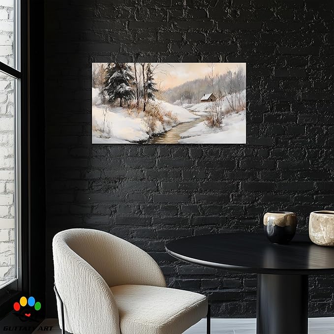 GUTTATY Christmas Winter Scene Canvas Wall Art, Snowy Landscape Wall Painting, Tranquil River Cabin Canvas Prints, Winter Poster Wall Decor for Living Room, Bedroom, Holiday Home, 48x24 Inch