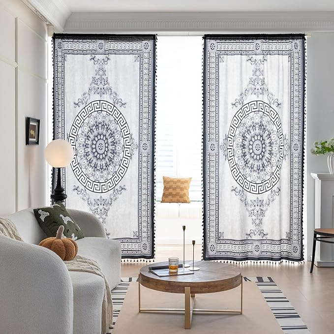 Popular Handicrafts Printed Curtains for Living Room 102 Inches Long Indian Hippie Bohemian Curtains Rod Pocket Light Filtering 2 Panels, Black