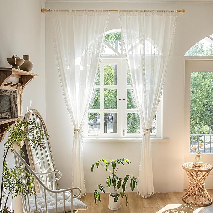 Sutuo Home Ivory Boho Curtains 2 Panels 96 Inches Length for Bedroom Living Room Patio, Window Treatments Bohemian Sheer Knitted Crochet Lace Vintage Drapes Pair Tassels, Rod Pocket, 52" x 96"