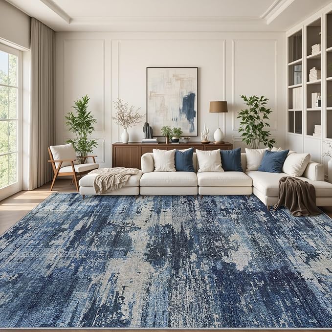 Area Rugs 9x12 Living Room: Large Machine Washable Area Rug with Non Slip Backing Non Shedding Abstract Stain Resistant Carpet for Bedroom Dining Room Nursery Home Office - Beige/Blue