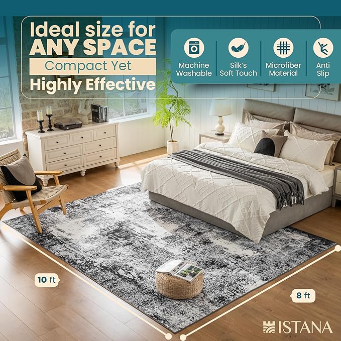 Istana 8x10 Area Rug - Grey Black 8x10 Rugs for Living Room - Foldable Rugs for Bedroom - Stain Resistant Washable Rug - Eco-Friendly Area Rugs - Easy to Clean Living Room Rug