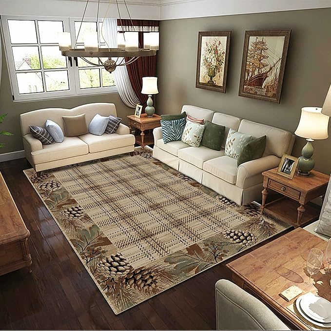 6x8 ft Wild Deer Rug, Country Style Moose Hazelnuts, Rustic Cabin Red and Black Buffalo Plaid, Soft Non-Skid Floor Decor for Kids Room, Living Room, Bedroom