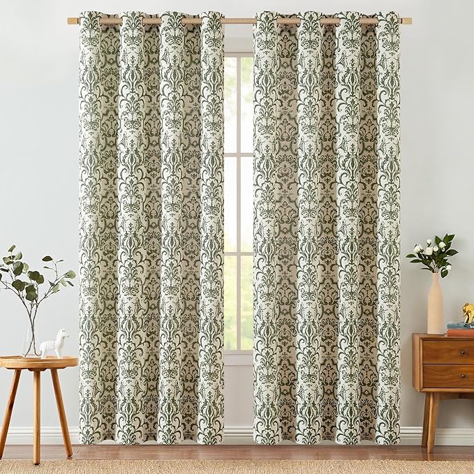 jinchan Linen Curtains for Bedroom Moss Green Damask Patterned Curtains 72 Inches Long for Living Room Light Filtering Vintage Baroque Style Drapes Grommet Window Treatments 2 Panels Set
