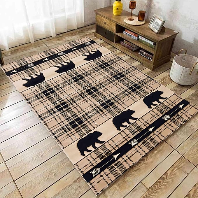 Brown Buffalo Plaid Area Rug, 5x8ft, Retro Rustic Style Wild Animal Black Bear Accent Rug, Lodge Native Cabin Hunting Rug, Easy-Cleaning Non-Slip Indoor Floor Mat for Bedroom Living Room