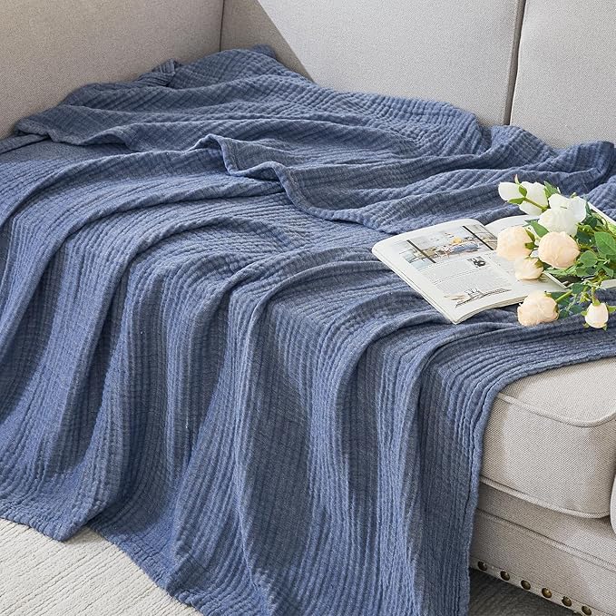 EMME Cotton Muslin King Blanket Bed Layering Bedspread Coverlet Breathable Gauze Soft Lightweight (Heather Navy, 108"x90")
