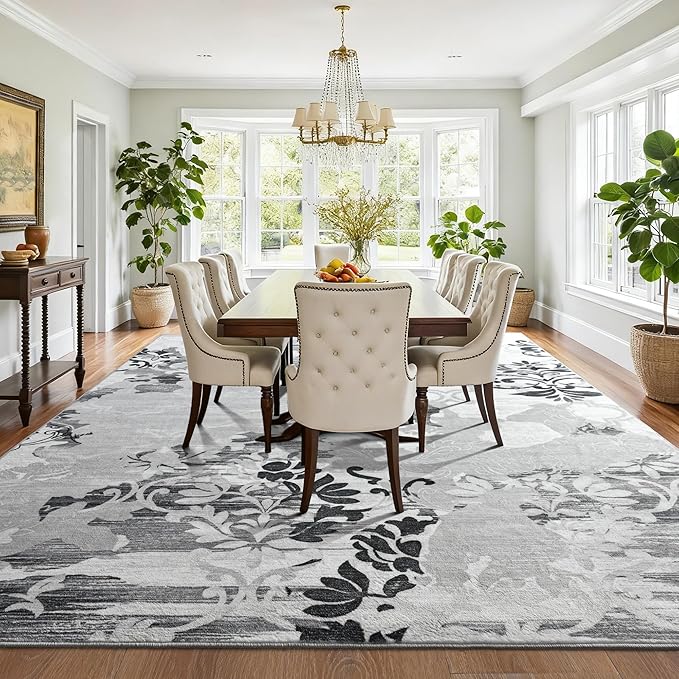Keeko 5x7 Area Rugs for Living Room, Modern Abstract Floral Pattern Rugs for Bedroom, Soft Washable Rug with Non-Slip Backing Low-Pile Non-Shedding Carpet for Kitchen Home Office Dining Table - Grey