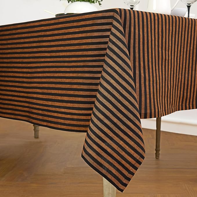 Solino Home Linen Tablecloth 60 x 120 Inch - Amalfi Stripe 100% Pure Linen Pumpkin and Black Table Cloth for Rectangle Tables - Machine Washable Fabric Tablecloth for Fall, Thanksgiving