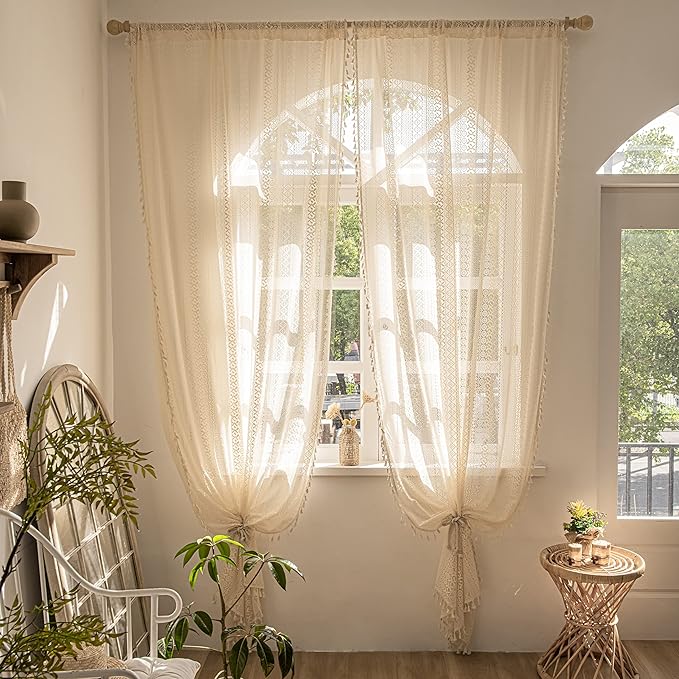 Sutuo Home Boho Curtains 84 Inches Length for Bedroom, Window Treatments Bohemian Sheer Crochet Lace Vintage Drapes Pair, Beige Geometry Knitted with Handmade Tassels Rod Pocket, 52" x 84"，2 Panels