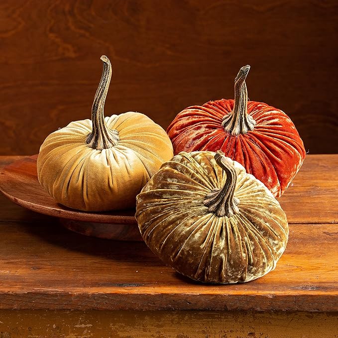 Set of 3 Velvet 6.25 Inch Pumpkins, orange pumpkins, pumpkin spice, elegant luxe accent for table, gift set basket for her, Thanksgiving centerpiece, hygge home (Luxe Brass, Burnt Orange, Gold)