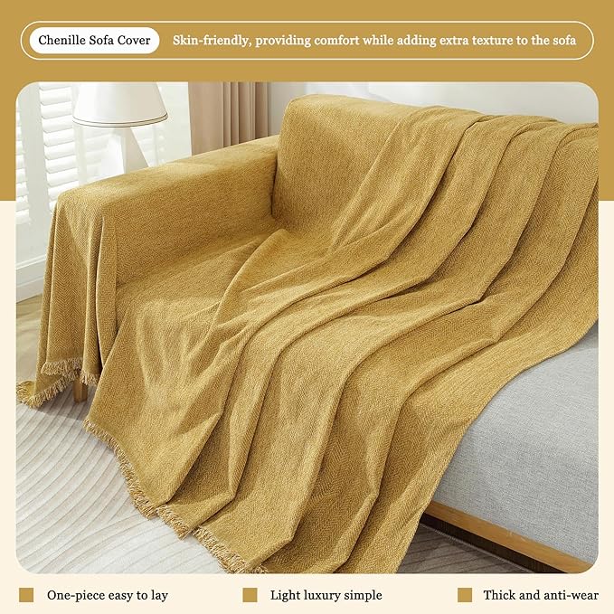 DREAMINGO Modern Minimalism Couch Cover Pets Loveseat Protector Mustard Yellow Chenille Sofa Covers for Sectional 3 Seat Couch Boho Herringbone Furniture Cover Throw Sofa Slipcover, 71"x118"